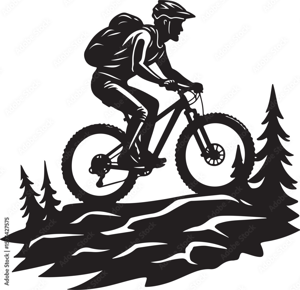 Fototapeta premium Bold Cyclist Silhouette on Mountain Path.