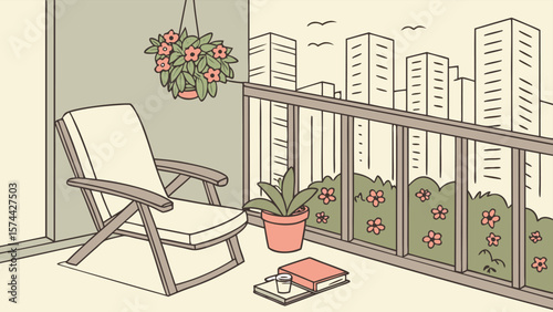  Balcony with Chair, Book, and Potted Plants