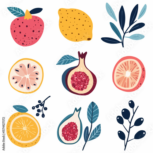 Minimal naive fruit set with citrus, figs, pomegranates and olive leaves, perfect for eco packaging, nursery decor and cheerful greeting cards.

