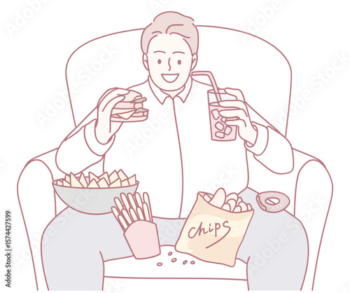 A person happily indulging in various fast food, tasty snacks, and refreshing drinks while lounging comfortably