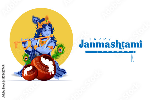 Vector illustration of Lord Krishna playing flute on Happy Janmashtami holiday Indian festival greeting background