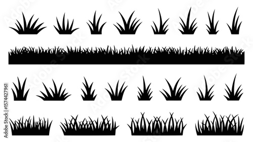 Silhouette illustrations of various grass tufts and clumps arranged in three distinct rows