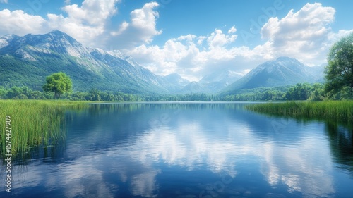 Serene Mountain Lake Landscape Reflection Under Blue Sky with Clouds landscape mountain lake sky pet