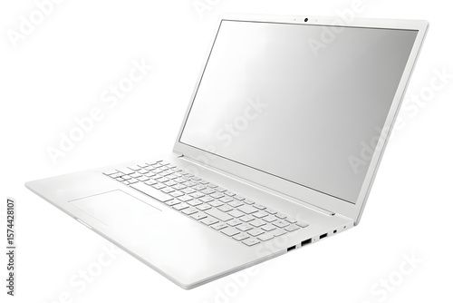 White laptop computer with open screen and keyboard viewed at three-quarter angle, isolated on a transparent background