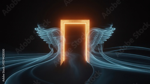 Glowing portal with wings and flowing trails against a dark background in a digital rendering