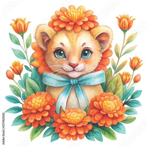 Cute animals in front of beautiful flowers Clipart Watercolor 
