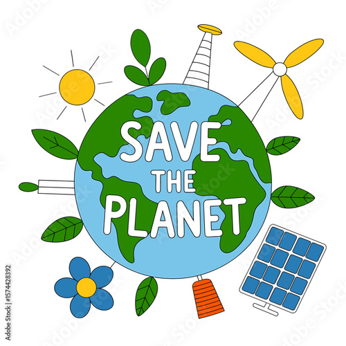A Simple Hand-Drawn Illustration Save the Planet, Eco-Friendly Earth