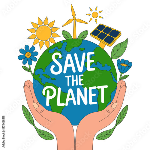 A Charming Hand-Drawn Illustration Save the Planet, Sustainable Energy