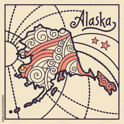 Vibrant Artistic Representation of the Alaskan Landscape with Celestial Elements