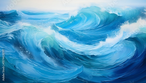abstract ocean waves in shades of blue and aqua painted in fluid brushstrokes to convey the essence of a sunny tranquil day