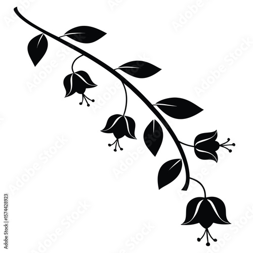 Elegant Black Flower Branch Design Silhouette with Delicate Bell Shaped Blossoms and Leaves Ornament