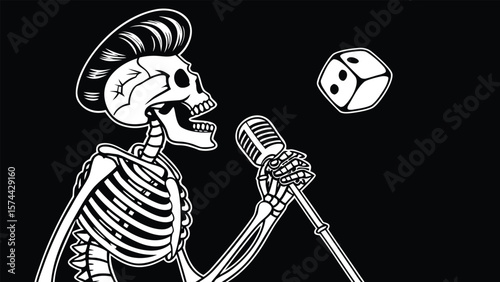 Rockabilly Skeleton Sings into Vintage Microphone with Dice in the Air