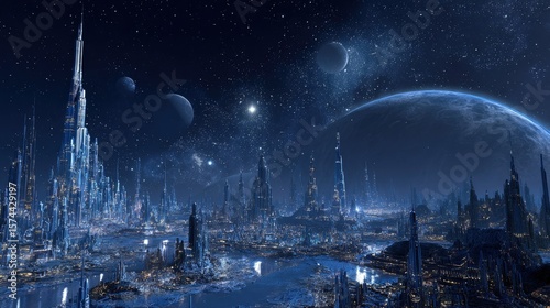 Fototapeta Naklejka Na Ścianę i Meble -  Vast, icy city on alien planet at night