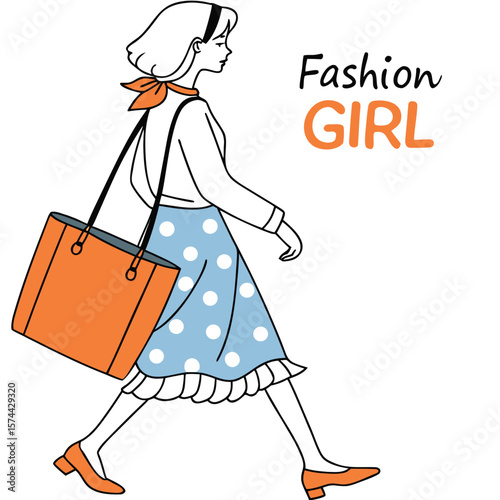 Elegant Fashionable Woman Striding Confidently with a Stylish Orange Tote Bag