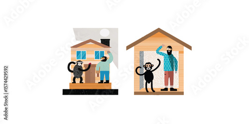 Print   Illustration of house with man and monkey