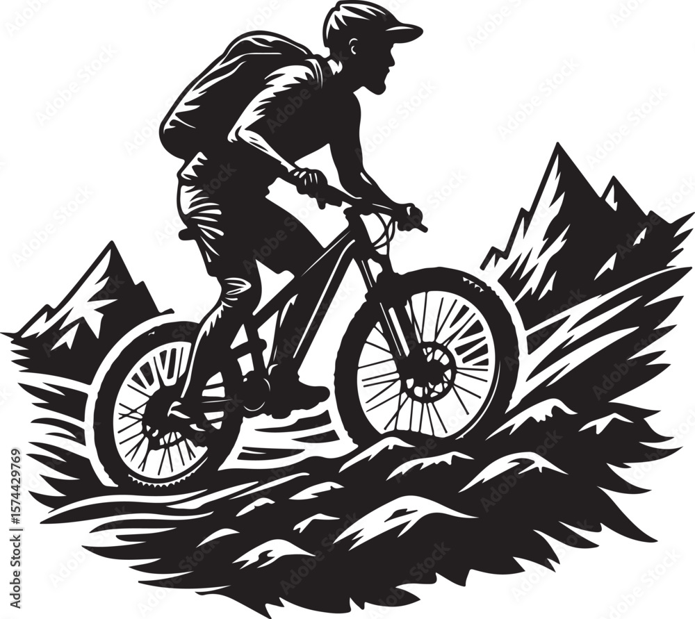 Naklejka premium Bold Cyclist Silhouette on Mountain Path.