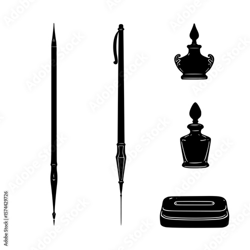 Artistic Instruments: A meticulous monochrome illustration of elegant writing instruments, a delicate brush and a modern pen, alongside ornate inkwells and a rectangular ink blotter.