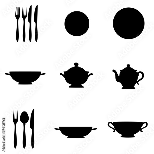 Cutlery and Tableware Silhouette Collection: A minimalist illustration of assorted dining essentials, encompassing cutlery, plates, and serving dishes.