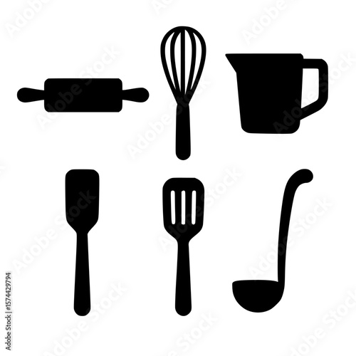 Kitchen Essentials: Silhouettes of essential kitchen tools, including a rolling pin, whisk, measuring cup, spatula, slotted turner, and ladle, artfully arranged against a clean background.