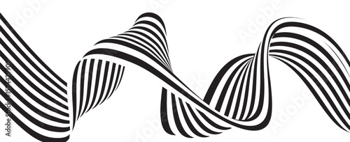 Black on white abstract perspective line wave stripes with 3d dimensional effect isolated on white.