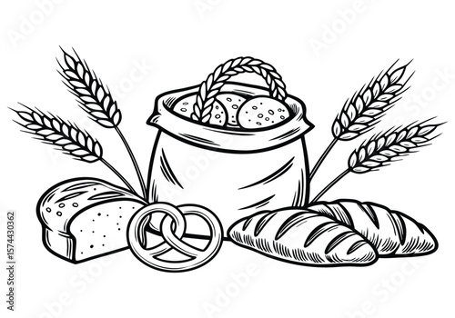 Freshly Baked Bread Products With Wheat Grains And A Pretzel
