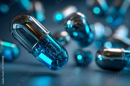 Futuristic Transparent Blue Capsules Hovering in Soft Bokeh Space Showcasing Nano Tech perfect for pharmaceutical pitches, biotech conference banners, supplement labels and sci-fi art