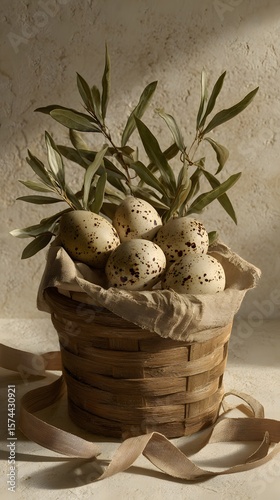 Rustic Basket of Speckled Eggs with Olive Sprigs in Warm Natural Light perfect for Easter branding, farmhouse kitchen decor, organic food advertising and social media campaigns