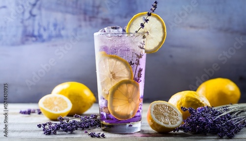 a tall glass of lavender lemonade with lemon slices and ice