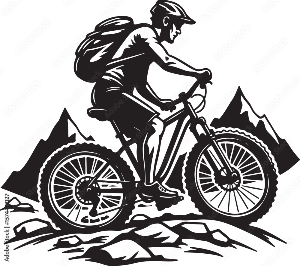 Naklejka premium Bold Cyclist Silhouette on Mountain Path.