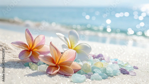 Pastel Plumeria Flowers and Gemstones on Sandy Beach with Ocean Bokeh frangipani tropical