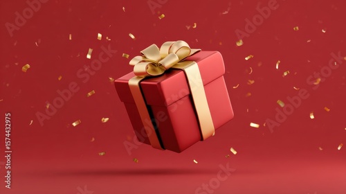 Red Gift Box with Gold Ribbon and Confetti

