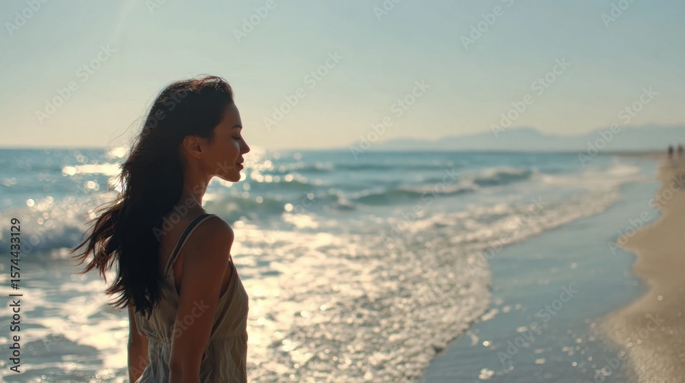 Obraz premium Woman Enjoying Sunset Walk on Ocean Beach