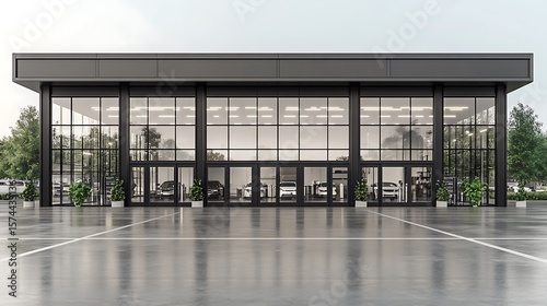 Modern automotive showroom with large glass facade.