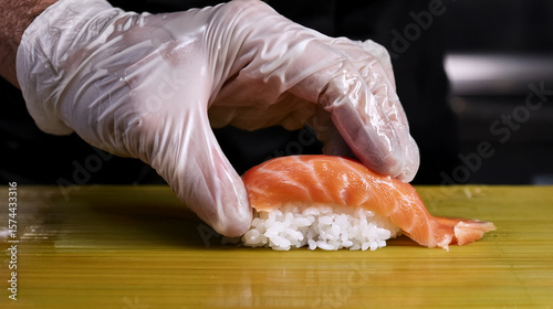 Dynamic Close-up: Sushi Chef's Skilled Hands Expertly Forming Nigiri Sushi

