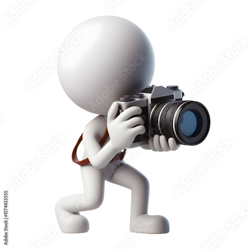 3D human taking a photo with a camera isolated on a white background