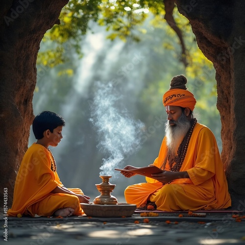 Ancient Gurukul Teaching Scene in Forest – Guru and Shishya in Meditation
A serene depiction of traditional Indian education in a forest Gurukul setting, 