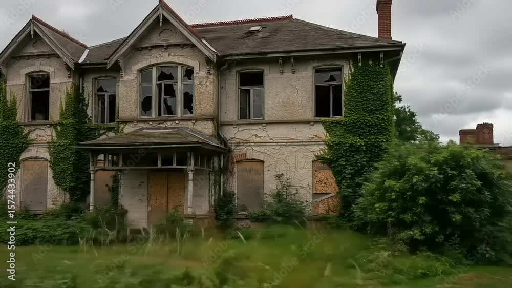 Abandoned Victorian house overtaken by nature, surrounded by overgrown grass and cloudy sky Abandoned Victorian house overtaken by nature, surrounded by overgrown grass and cloudy sky