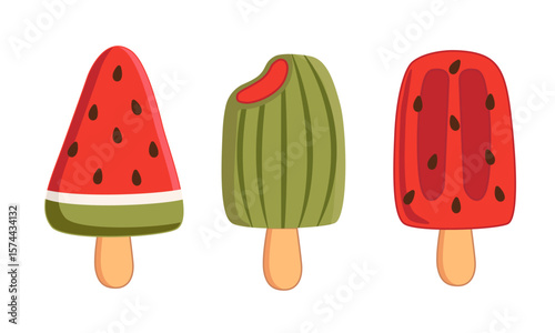Set of cute watermelon ice cream vector illustrations