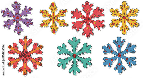 Vibrant and funky crayon-style decorative colorful snowflakes. Cute cartoon stickers featuring playful snowflakes. Bright doodle illustration with pencil texture, kid-drawn vector art on white backgro