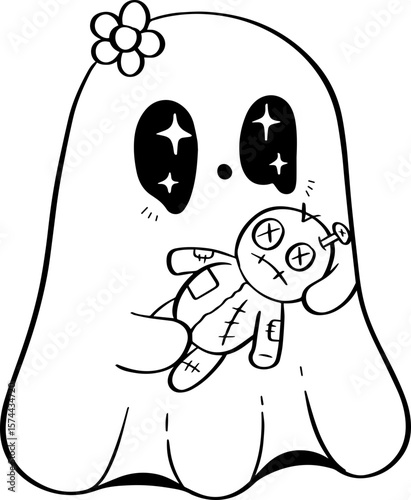 Ghost with Voodoo Doll Line Art