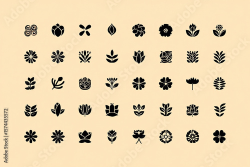 Collection of black floral icons on a light peach background botanical nature