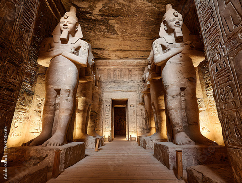 Interior view with giant statues of Ramses II Abu Simbel temple, ancient Egypt