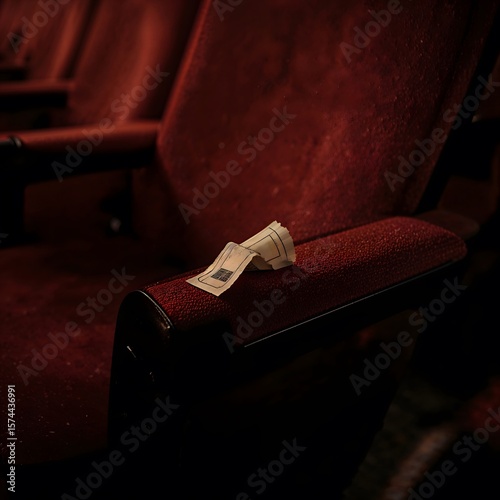 Torn movie ticket stub resting on red theater seat in cinema  