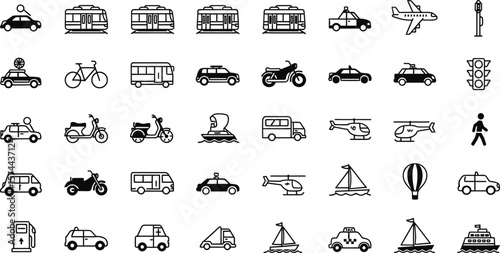 A diverse collection of outline icons representing various modes of transportation isolated on white background