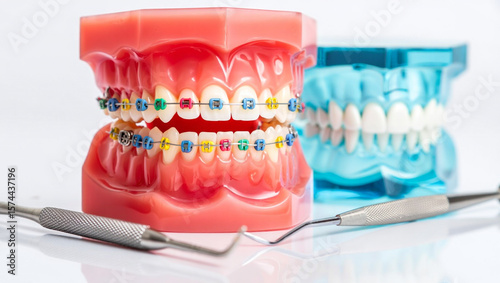 Dental models with colorful braces and orthodontic tools teeth