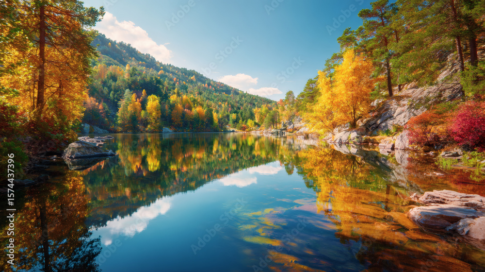Fototapeta premium A beautiful autumn scene with a lake reflecting colorful trees under a blue sky.
