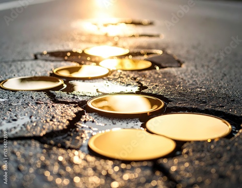 Golden circles on a cracked road
