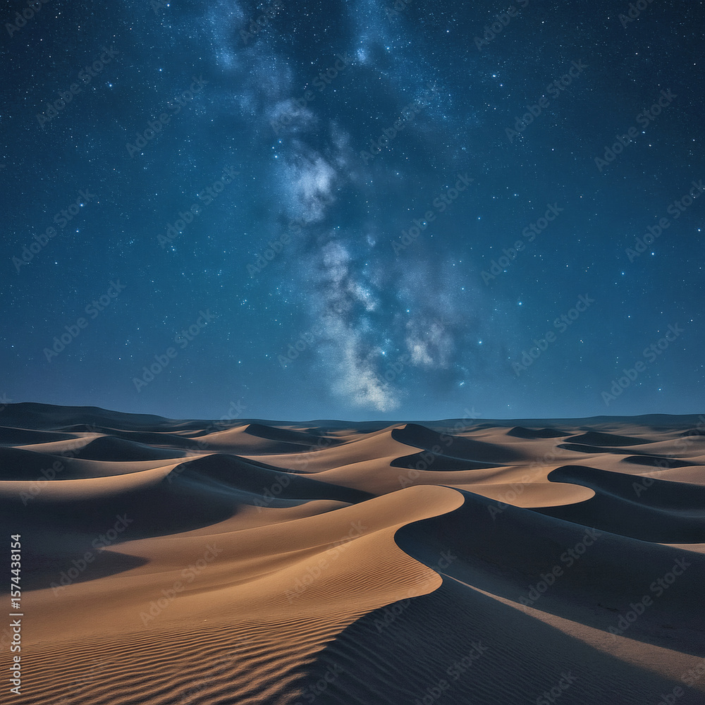 Naklejka premium Cinematic Starry Desert Night – Milky Way Over Moonlit Sand Dunes, Ultra-Realistic Textures, Dramatic Lighting, Peaceful Solitude, Vast Landscape, Stargazing, Astrophotography, 4K Wallpaper