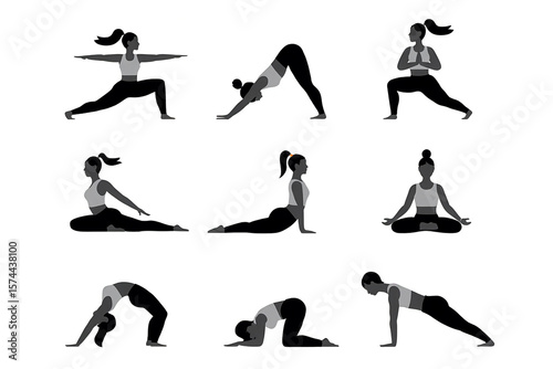 Diverse women performing various yoga poses fitness exercise