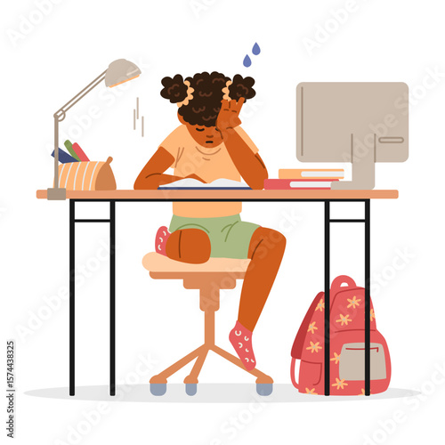 Tired African American primary school girl having problems while studying and doing homework at desk flat vector illustration isolated on white.
